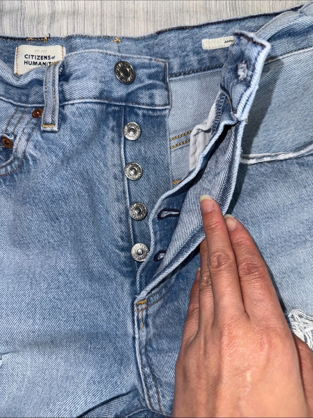 Citizens Of Humanity Annabelle Long Light Blue Distressed Denim Cutoff Shorts